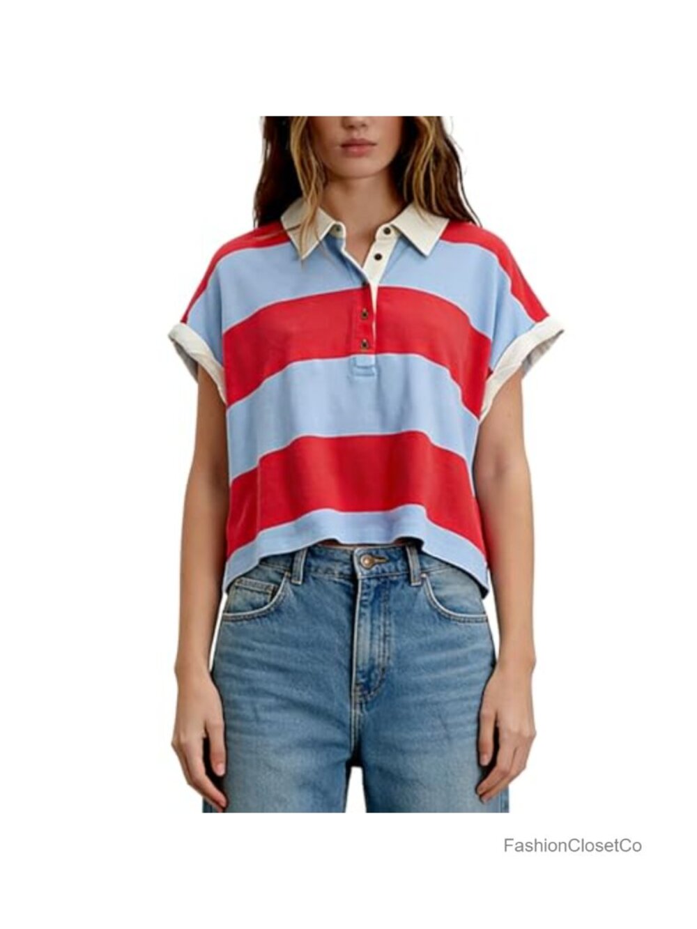 Y2K Baggy Striped Polo Tee for Women Short Sleeve Vintage Preppy Cropped Summer